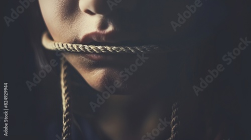 a woman with a rope in her mouth