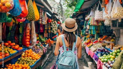 Travel blogger exploring a vibrant street market, taking notes on colorful stalls filled with exotic fruits and textiles