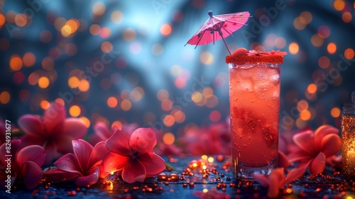 Detailed closeup of a festive cocktail with an umbrella decoration