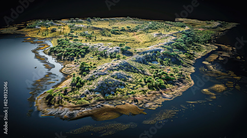 Modern nature reserve national park background wallpaper, backdrop, texture, Lake Nakuru, Kenya, isolated. LIDAR model, elevation scan, topography map, 3D render, template, aerial, drone, detailed