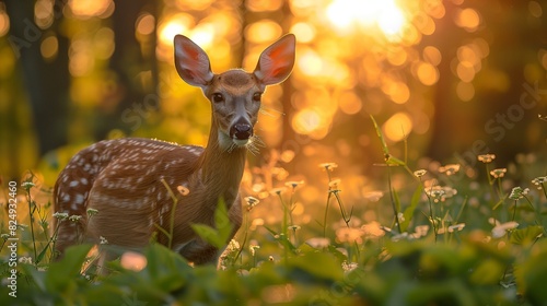 a deer is standing in the grass with the sun shining through the trees