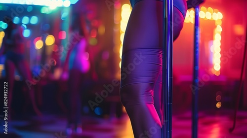 a woman in tights is standing on a pole in a room with lights in the background