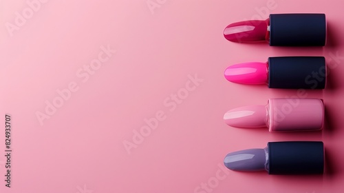In a top view arrangement, three matte nail polishes of different colors are showcased against a pink background
