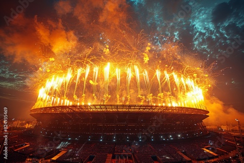 Olympic games Opening Ceremony: Wide shot of the stadium with fireworks and performers. 