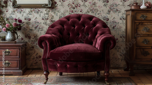 Vintage velvet armchair with scrolled arms and turned legs upholstered in deep burgundy fabric 
