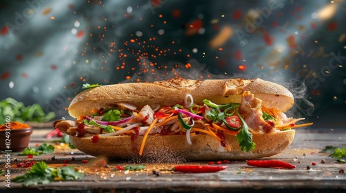 Banh mi sandwich, Vietnamese baguette filled with meats and pickled vegetables, vibrant street food cart