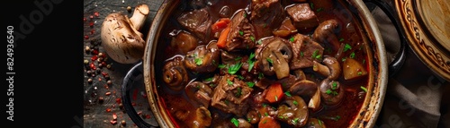 Beef bourguignon, French stew with red wine and mushrooms, rustic country inn