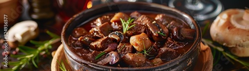 Beef bourguignon, French stew with red wine and mushrooms, rustic country inn