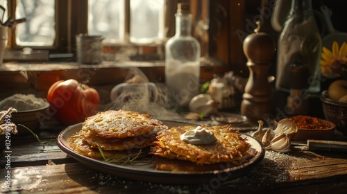 Belarusian Draniki, crispy potato pancakes, served with sour cream, rustic village kitchen, natural light streaming through a window