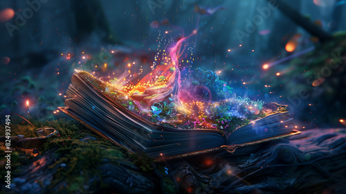 Enchanted Forest with a Magical Book and Glowing Fairy Lights