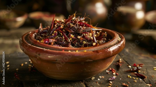 Chapulines, toasted grasshoppers with chili, served in a clay bowl, Oaxacan market