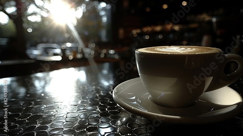  A cappuccino sits on a saucer atop a table beneath sunlight filtering through the window above