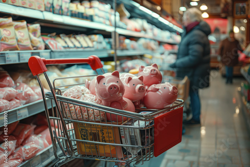 Carrito de la compra en un supermercado, lleno de víveres y varias alcancías poder pagar la compra. Alto coste de la vida, inflación, vulnerabilidad de los mayores y población de menos recursos. Gasto