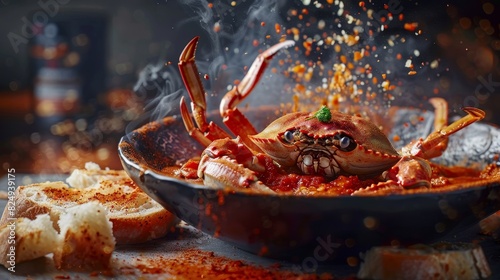 Chili crab, spicy and sweet, served with bread to mop up the sauce, seaside Singapore restaurant