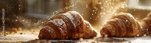 Chocolate croissants, freshly baked, dusted with powdered sugar, cozy Parisian cafe, morning light streaming through windows