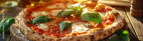 Closeup of a traditional Neapolitan pizza on a rustic wooden table, vibrant tomato sauce and fresh basil leaves, soft evening sunlight, Italian countryside background