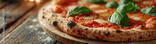 Closeup of a traditional Neapolitan pizza on a rustic wooden table, vibrant tomato sauce and fresh basil leaves, soft evening sunlight, Italian countryside background