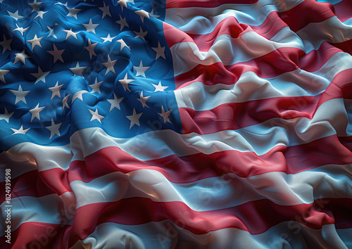 Tela con ondas, bandera de los Estados Unidos de América, rojo, blanco, azul, estrellas, a merced del viento. Festejos por el 4 de Julio, fondo de pantalla, recurso gráfico