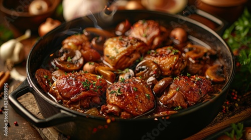 Coq au vin, chicken cooked in wine with mushrooms and onions, French farmhouse kitchen