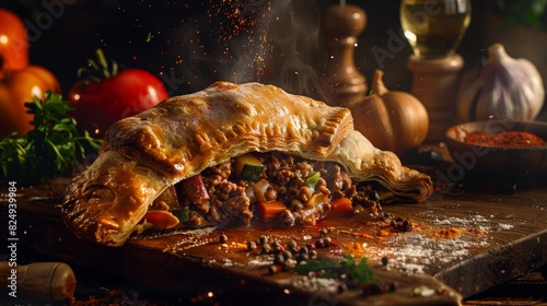 Cornish pasty, beef and vegetable filling, served hot, quaint English coastal town