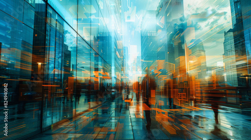 An innovative double exposure image that merges urban architecture with futuristic tech graphics, photographed using an 85mm F1.2 lens and refined in LR+PS, resulting in a visually compelling and