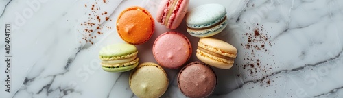 Elevated shot of assorted French macarons in pastel colors, arranged in a neat circle on a marble countertop, soft natural light, minimalist style