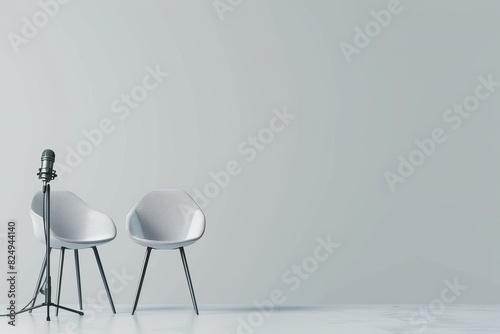 two chairs and microphones in podcast or interview room isolated on solid gray background as a wide banner for media conversations or podcast streamers concepts