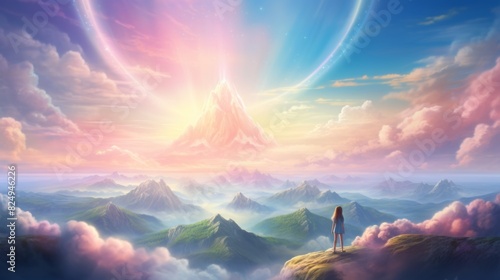 A child on a mountaintop under a sky blue and pink sky, a giant rainbow glowing, ethereal lighting, wideangle, magical fantasy style