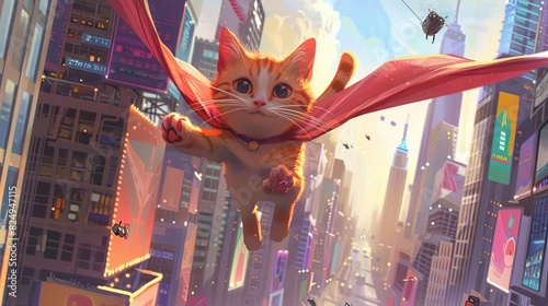 adorable superhero cat flying through vibrant cityscape cute animal fantasy illustration