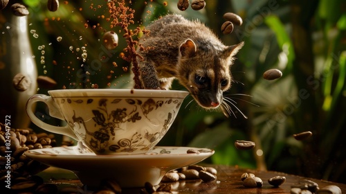 Kopi Luwak, coffee made from beans digested by civets, served in a fine porcelain cup, Indonesian coffee plantation