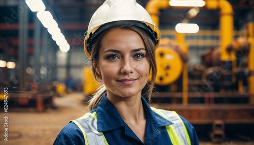Close up of a smiling female professional heavy industry worker wearing safety uniform against manufacture warehouse