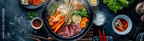 Overhead shot of a Japanese hot pot meal with assorted vegetables and thinly sliced meat, steam rising, and chopsticks ready to serve in a cozy, home dining setting