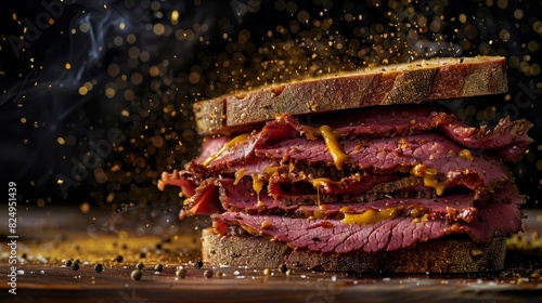 Pastrami on rye, piled high with mustard, classic New York deli