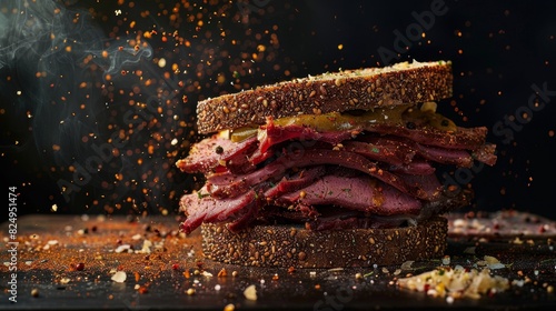 Pastrami on rye, piled high with mustard, classic New York deli
