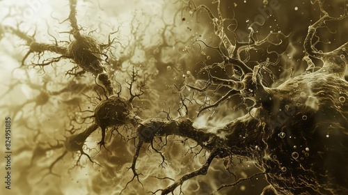 Cancer depicted as dark vines overtaking healthy cells, Steampunk Style, Sepia Tone, Illustration, Representing invasive growth