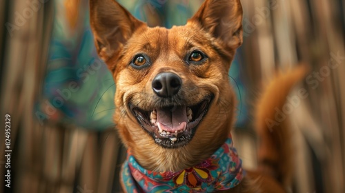A close-up portrait of a dog with a big, goofy grin, wearing a bandana with a vibrant summer pattern.