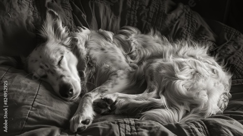 A dog lies curled up in a tight ball on a soft bed, its entire body radiating contentment. Its paws are tucked under, and a gentle rise and fall of its chest indicates a peaceful slumber. 