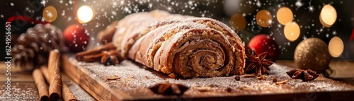 Slovenian potica, nut roll cake, slice showing the swirls, traditional holiday setting, festive decorations, warm family gathering