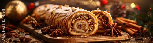 Slovenian potica, nut roll cake, slice showing the swirls, traditional holiday setting, festive decorations, warm family gathering
