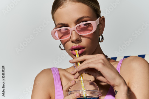 Blonde woman in pink sunglasses sipping through a straw.