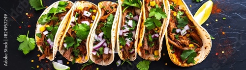 Tacos with grilled carne asada, topped with fresh cilantro and onion, street style presentation, lively Mexican fiesta background
