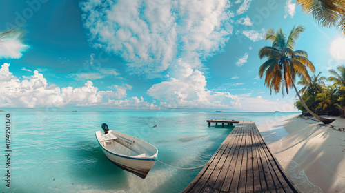 White Boat at pier with palm trees Maldives island. Be