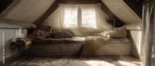 A charming alcove tucked beneath a sloping ceiling, featuring a built-in daybed adorned with plush cushions and a knitted throw blanket. Sunlight filters through lace curtains, casting a soft 