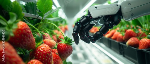 A close-up of a robot hand delicately harvesting ripe strawberries in a vertical farming facility, its movements orchestrated by AI algorithms to minimize waste and maximize efficiency.