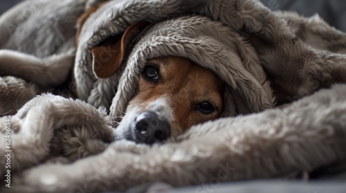 A dog, completely buried under a pile of soft blankets, peeks out with a sleepy eye. 