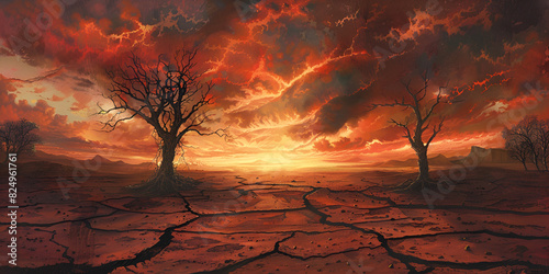 Climate Change Illustration Arid Mud Landscape at Sunset Season Beautiful landscape Silhouette of Dead Tree on Cracked Soil Sunset background Global Warming Concept 