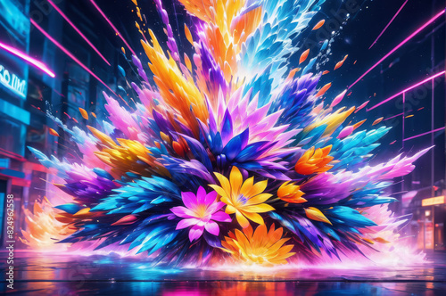 Colorful neon explosions turn into flowers. 