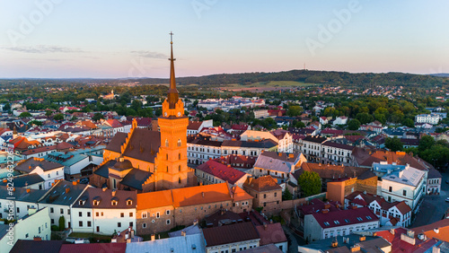 Aerial drone view of Tarnow townscape , Poland. Cathedral church of of Holy Family.