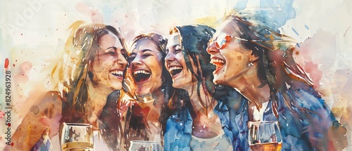 Watercolor painting of four happy women laughing and enjoying drinks together, depicting friendship, joy, and celebration.