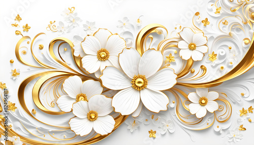 florale natürliche Ornamente Struktur mit kurvigen Wellen frischen Frühling Blumen Blüten in Gold weiß heller Hintergrund Vorlage zur Gestaltung von Karten Einladungen Dekoration Feier Sommer Natur